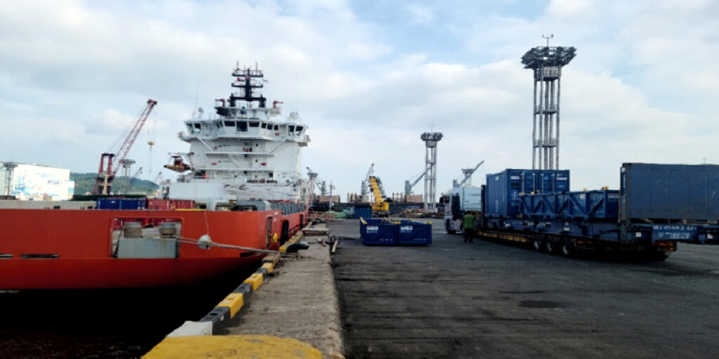 Berthed Platform Supplying Vessel for loading Drilling materials at Busan port