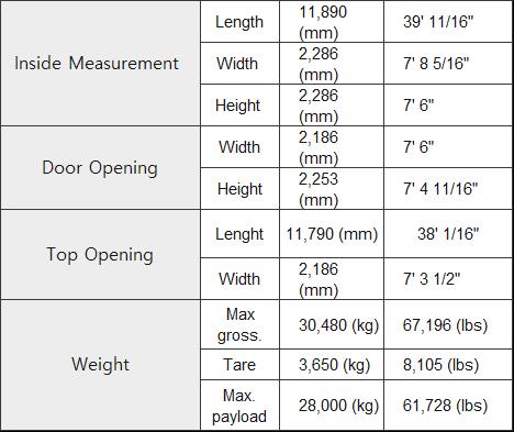 40' Open Top Container specifications